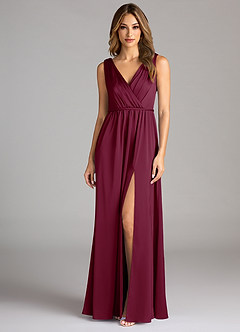 Azazie Tanicia Bridesmaid Dresses Mulberry A-Line Pleated Stretch Satin Dress image3