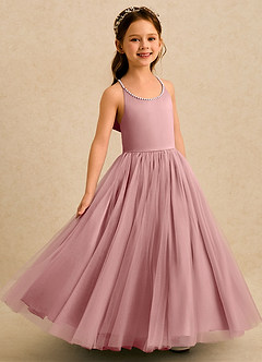 Azazie Aurora vestidos de niña de las flores Vestido Rosa Polvorienta de Tul de Corte en A con Lazo image2