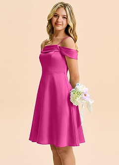 Azazie Anselie Junior Fuchsia A-Line Off the Shoulder Stretch Satin Dress image6