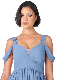 Azazie Lianne Vestidos de damas de honor Vestido de Azul Acero de Gasa de Corte En A con Vestidos sin tirantes image5