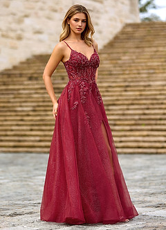Milliener Burgundy Tulle Flowers Prom Dress image3