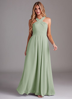 Azazie Dixie Brautjungfernkleider A-Linie Halter Gefaltet Chiffon Kleid Staubiger Salbeigrün image3