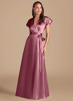 Azazie Nico Vestidos de damas de honor Vestido de Rosa Del Desierto de Satén Metálico de Corte en A con Plisado image1