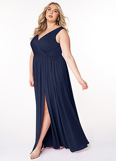 Azazie Tanicia Brautjungfernkleider A-Linie V-Hals Gefaltet Gittergewebe Kleid Dunkelmarine image7