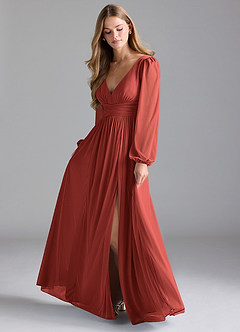 Azazie Norah Bridesmaid Dresses Terracotta A-Line Mesh Dress image1