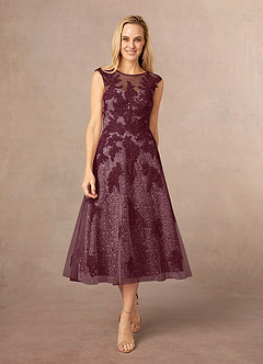Azazie Flynn Kleider für die Brautmutter A-Linie Bootshals Spitze Tüll Kleid Cabernetrot image1