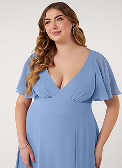 Azazie Kimber Vestidos de damas de honor Vestido de Azul Acero de Gasa de Corte en A con Manga volante image13