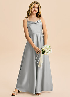 Azazie Isolde Junior A라인 주름진 스트레치 새틴 플로어 길이 주니어 신부 들러리 드레스 image2