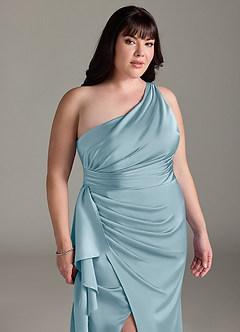 Azazie Maive Bridesmaid Dresses Moody Blue Sheath Ruched Stretch Satin Dress image11