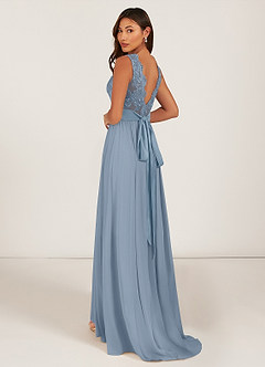 Azazie Gertrude Abiti da Damigella Abito A-Line in Chiffon Pizzo Blu Polveroso image5