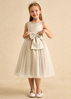 Azazie Twinsie Flower Girl Dresses Champagne A-Line Bow Tulle Dress image3