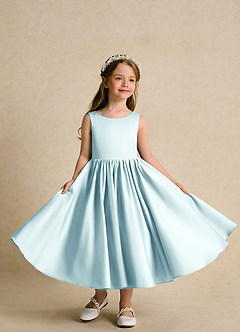 Azazie Doodlebug Flower Girl Dresses Sea Glass A-Line Bow Matte Satin Dress image4