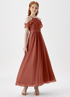 Azazie Chaya Junior Jurk van Chiffon met A-Lijn Off the Shoulder Kastanjebruin image6