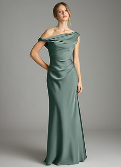 Azazie Emerson Bridesmaid Dresses Sea Moss Mermaid Off the Shoulder Stretch Satin Dress image1