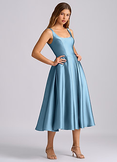 Azazie Amalie 신부 들러리 드레스 A라인 주름진 스트레치 새틴 티 길이 드레스 image4