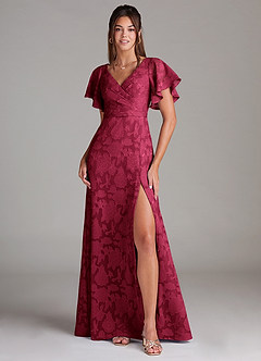 Azazie Ambrosia Bridesmaid Dresses Burgundy A-Line Pleated Floral Burnout Dress image1