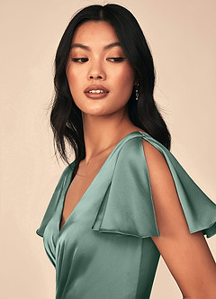 Azazie Soren Bridesmaid Dresses Eucalyptus A-Line Pleated Stretch Satin Dress image6