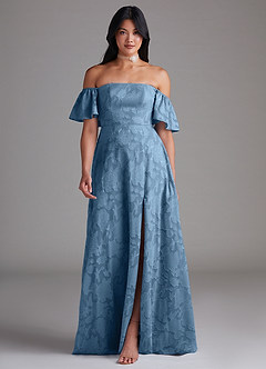 Azazie Sue Bridesmaid Dresses Steel Blue A-Line Off the Shoulder Floral Burnout Convertible Dress image1