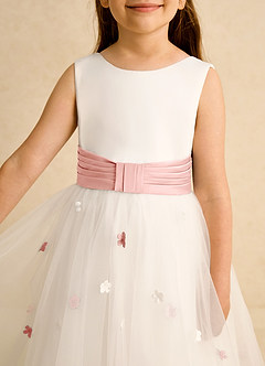 Azazie Cricket Flower Girl Dresses Ivory Rosette Ball-Gown Pleated Matte Satin Dress image8