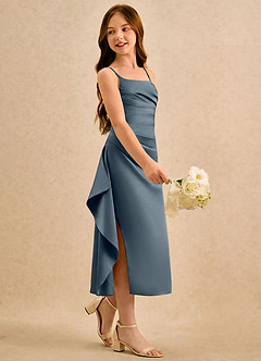 Azazie Canna Girls Formal Sukienki dla dziewczynek sypiących kwiaty Linia A Pofałdowany Satyna elastyczna Długość herbaty Sukienka image1