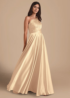 Azazie Charlize Bridesmaid Dresses Gold A-Line One Shoulder Metallic Satin Dress image4