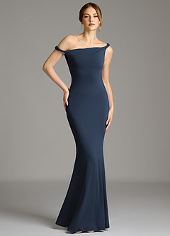 Azazie Shantal Bridesmaid Dresses Dark Navy Mermaid Off the Shoulder Premium Stretch Jersey Dress image1