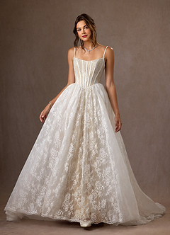Azazie Demetria Wedding Dresses Diamond White Nude Ball-Gown Strapless Lace Dress image3