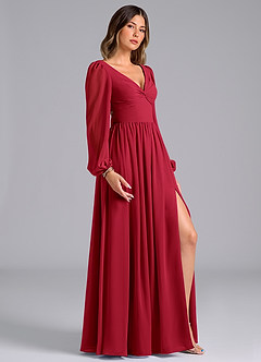 Azazie Zeya Abiti da Damigella Abito A-Line in Chiffon Manica Lunga Scarlatto image3