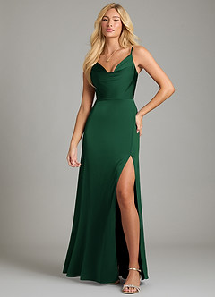 Azazie Sarella Vestidos de damas de honor Vestido de Verde Oscuro de Satén Elástico de Corte en A con Plisado image4