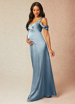 Azazie Rhea vestidos de dama de honor de maternidad Vestido de Acampanado Off The Shoulder Plisado Largo hasta el piso Stretch Satin image3