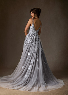 Azazie Sorella Wedding Dresses Diamond White Cocoa A-Line V-Neck Sequins Tulle Dress image2