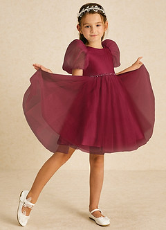 Azazie Blondie Final Sale Burgundy A-Line with Sleeves Tulle Dress image3