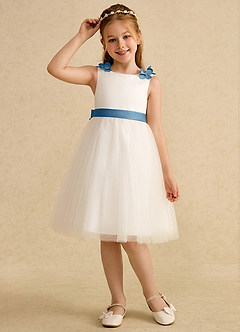 Azazie Lona Abiti da Ragazza di Fiori Abito A-Line in Raso Opaco Fiocco Avorio Blu Acciaio image3