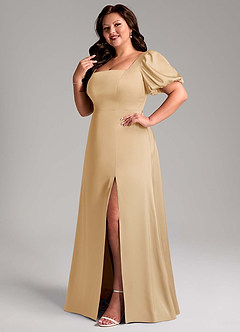 Azazie Fyona Bridesmaid Dresses Gold A-Line Pleated Stretch Satin Dress image12