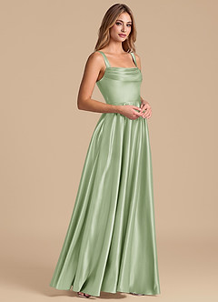 Azazie Shaude 신부 들러리 드레스 A라인 주름진 메탈릭 새틴 바닥 길이 드레스 image4