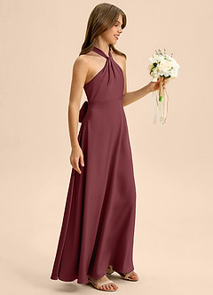 Azazie Beah Junior Cabernet A-Line Pleated Stretch Satin Dress image6