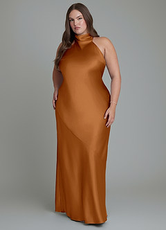 Azazie Velli Bridesmaid Dresses Copper Sheath High Neck Metallic Satin Dress image7