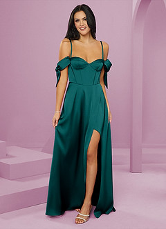 Barbie ♥ Azazie Bridesmaid Dresses Peacock A-Line Off the Shoulder Stretch Satin Dress image13