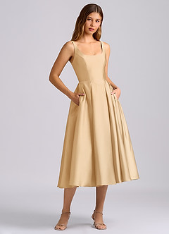 Azazie Amalie 신부 들러리 드레스 A라인 주름진 스트레치 새틴 티 길이 드레스 image3