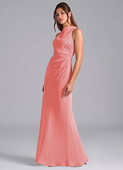 Azazie Evadne Bridesmaid Dresses Coral A-Line Pleated Chiffon Dress image1