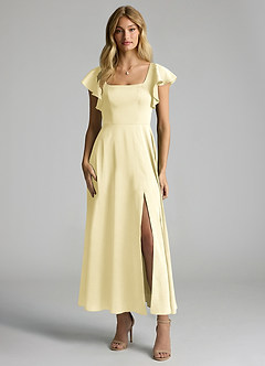 Azazie Bondi Bridesmaid Dresses Lemon Sorbet A-Line Ruched Stretch Satin Dress image4