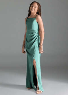 Azazie Leonis Junior Aqua A-Line Pleated Stretch Satin Dress image4