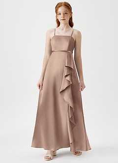 Azazie Kaylee Junior Taupe A-Line with Belt Metallic Satin Dress image3