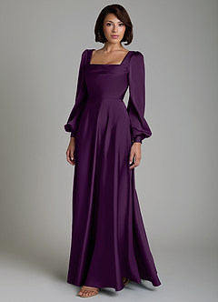 Azazie Solana Bridesmaid Dresses Grape A-Line Long Sleeve Stretch Satin Dress image6