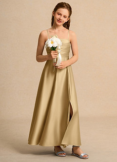 Azazie Pebbles Girls Formal Flower Girl Dresses Gold A-Line Pleated Matte Satin Dress image6