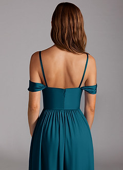 Azazie Calianna Robes de demoiselle d'honneur Robe Trapèze Convertible en Satin extensible Épaule décolletée Bleu Encre image5