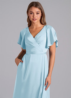 Azazie Ambrosia Robes de demoiselle d'honneur Robe Trapèze en Satin extensible Plissée Bleu Ciel image2
