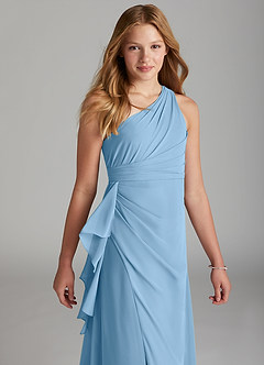 Azazie Maive Junior Steel Blue A-Line Pleated Chiffon Dress image4