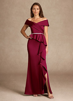 Azazie Dareia Mother of the Bride Dresses Burgundy Mermaid Off the Shoulder Stretch Satin Dress image3