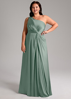 Azazie Brooke Robes de demoiselle d'honneur Robe Trapèze en Satin extensible Une épaule Sauge D'argent image13